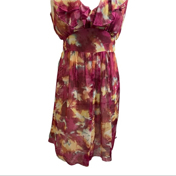 Chequer dress silk ruffle neckline sleeveless floral colorful. Womens size4 - Picture 4 of 11